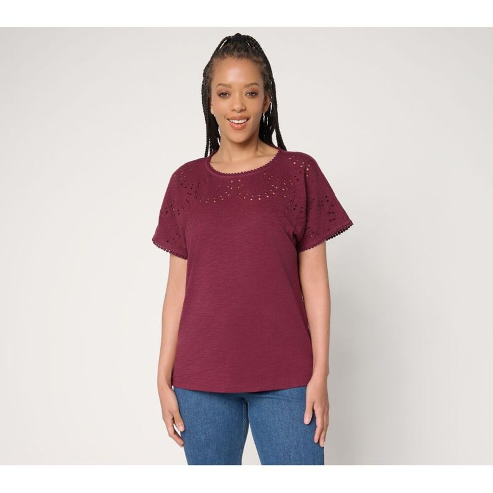 BEAUTIFUL by Lawrence Zarian Women's Top Sz L 100% Cotton Eyelet Red